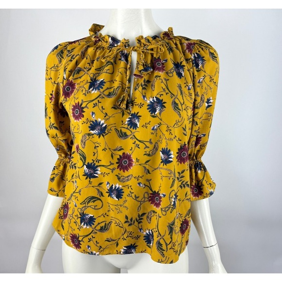 Misa Puff Sleeve‎ Floral Blouse Top Women XS EUC 3/4 Sleeve Ruffle Neck Brown - Picture 1 of 14